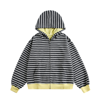 TIRED美式复古条纹开衫连帽卫衣