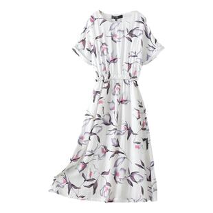 M2女装品牌折扣连衣裙女夏季短袖显瘦遮肚洋气印花修身大码中长款