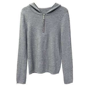 舒适与瘦身并存！银丝半拉链连帽羊毛针织衫上衣女    H1009~ZY