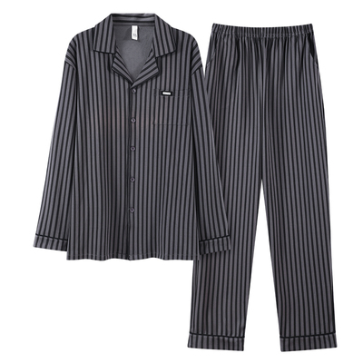 睡衣男士春秋款开衫翻领纯棉长袖