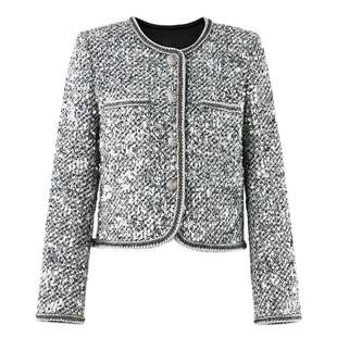 MISSCOCOON小香风定制亮片粗花呢羊毛混纺外套圆领短款