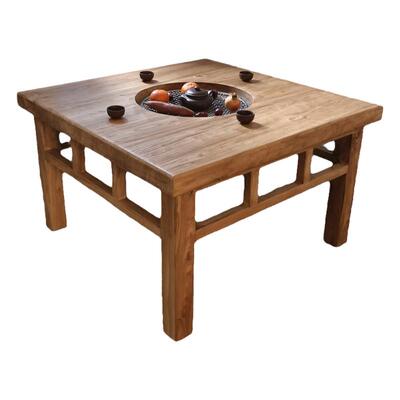 实木老榆木围炉煮茶桌四方桌烧烤火锅桌正方形原木餐桌餐厅茶馆