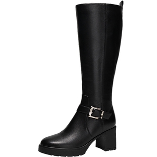 千百度粗高跟真皮弹力袜靴女冬季新款加绒瘦瘦靴保暖高筒长靴