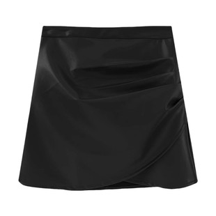 黑色pu小皮裙大码半身裙女秋季胖mm褶皱高腰显瘦小个子包臀皮短裙