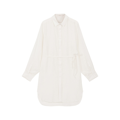 米白色系带直筒开叉长款衬衫外套