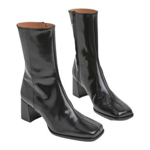 Flattered Karin真皮踝靴粗高跟显瘦中筒靴方头时装靴手工短靴女