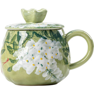 景德镇陶瓷杯美陶手绘花影马克杯釉下彩粗陶咖啡杯精致带盖喝水杯