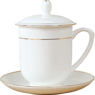 洁升陶瓷茶杯 带盖手绘骨瓷水杯 景德镇办公会议金边杯子 可定制