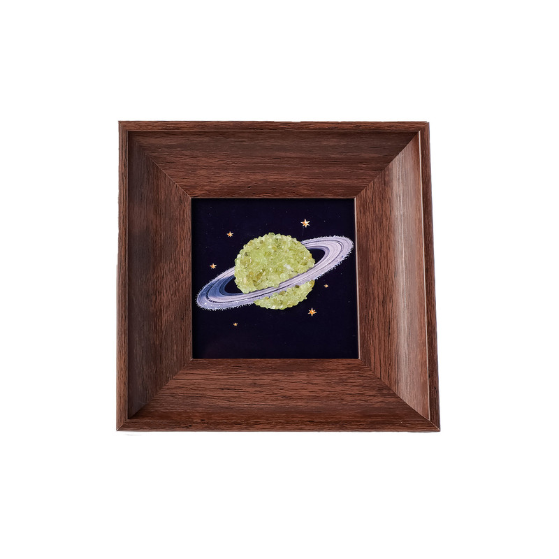 天然水晶矿石碎石手作行星实木边框小相框桌面标本科普摆件工艺品