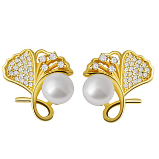 宫里上新珍珠耳钉女天然淡水银杏叶耳饰纯银冬季耳环妈妈生日礼物