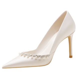 rose castle白川絮语法式婚鞋女白色绸缎高跟鞋订婚宴会礼服鞋