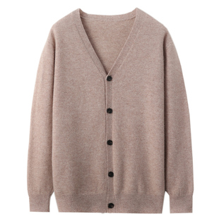 100%纯羊毛衫男开衫外套宽松V领毛衣春秋高端针织打底羊绒衫薄款