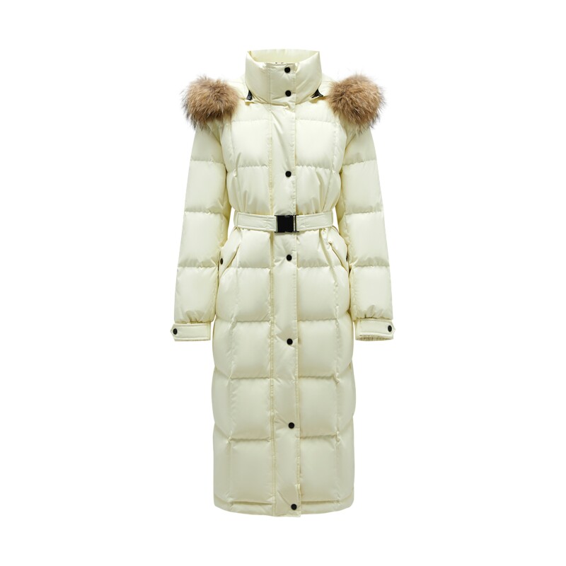 MOISSAC摩萨克冬白鸭绒90超长款毛领收腰羽绒服外套女