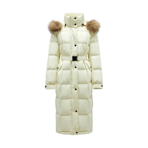MOISSAC摩萨克冬白鸭绒90超长款毛领收腰羽绒服外套女