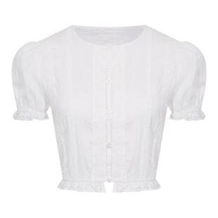 Muir'全棉肌理感'法式白色短袖衬衣女夏蕾丝花边复古短款衬衫上衣