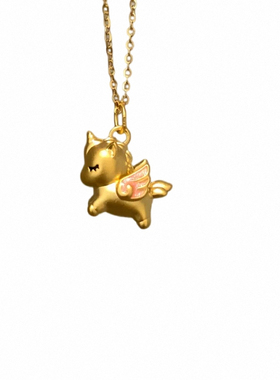 寻梦独角兽项链 女纯银镀18K黄金色3D硬金小马吊坠锁骨链甜美可爱