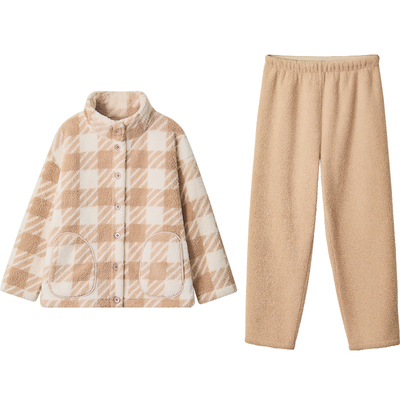 红豆杨梅绒睡衣女加厚格纹可外穿珊瑚绒防静电保暖新款家居服套装