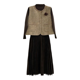 【VAZSLVE/全新奢品】捡漏卡其色轻奢毛呢两件套马甲+连衣裙套装