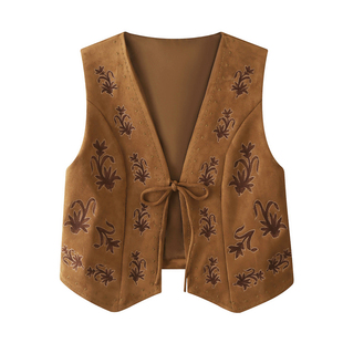 波西米亚刺绣鹿皮绒马甲女春秋V领系带显瘦叠穿马夹度假风上衣潮