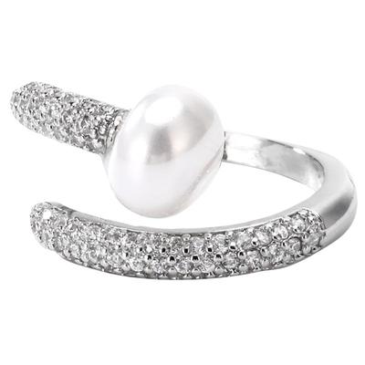 银白色闪钻珍珠开口女士戒指