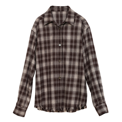 Carolingian高阶松弛！舒适Viscose磨毛美拉德咖色毛边格纹衬衫