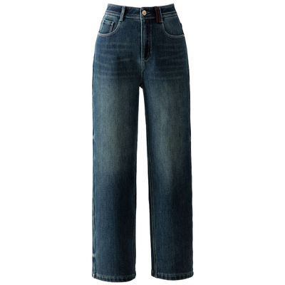 春四季窄版阔腿加绒牛仔裤女直筒