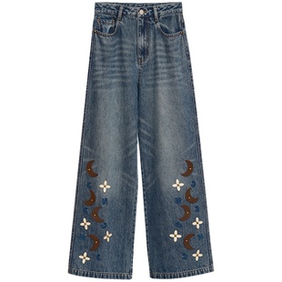 NancyCavally浆染lev*s兰纯斜大牛仔 星月皮标铆钉刺绣直筒牛仔裤