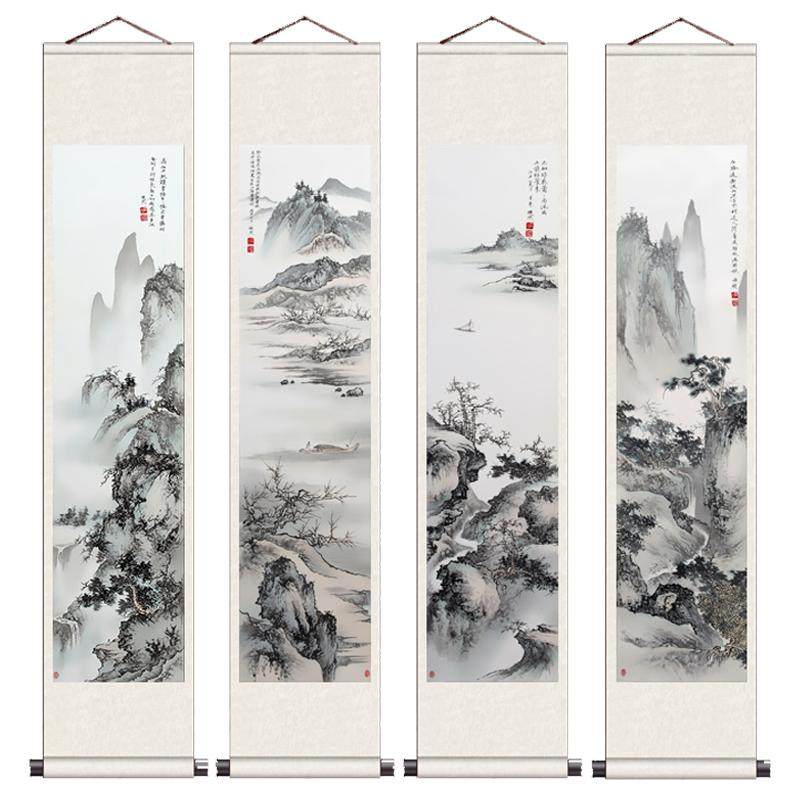 传统国画丝绸挂画焕然四条屏卷轴