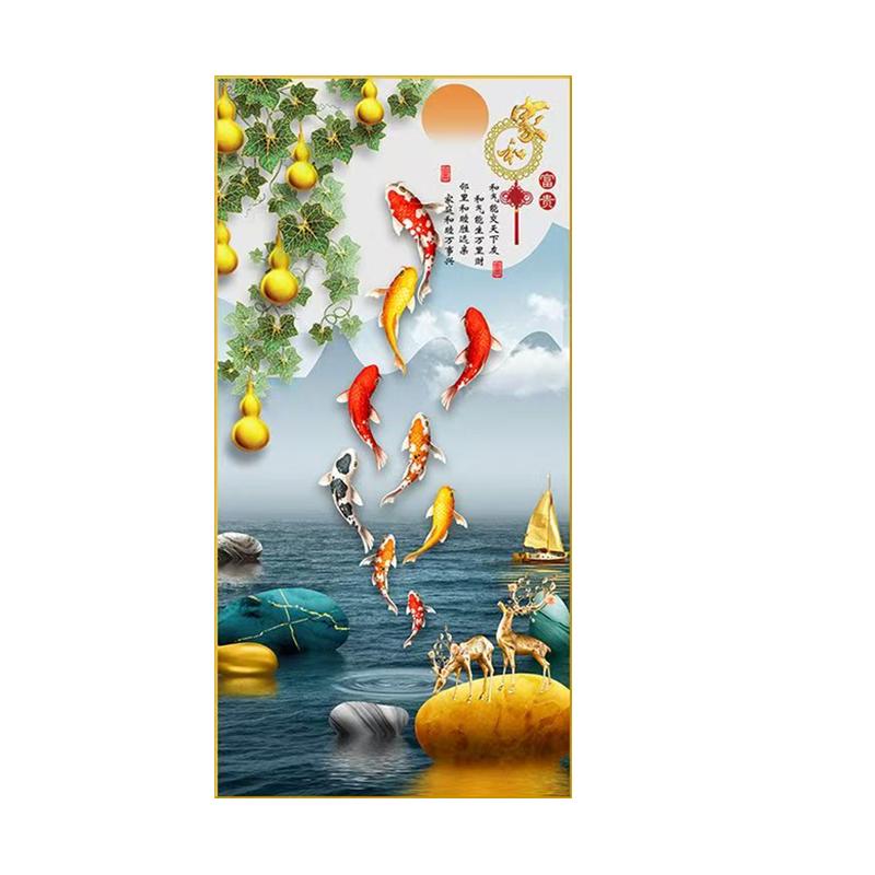 新款玄关装饰画现代简约北欧风自粘画走廊过道富贵九图鱼壁画粘画