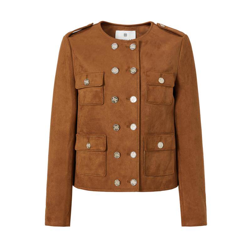 商场同款 摩萨克秋法式仿麂皮学院风双排扣正肩短外套女