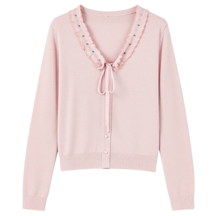 秋水伊人温柔粉色V领系带针织开衫2026年春季新款优雅荷叶边上衣