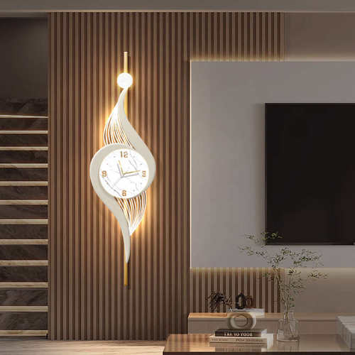 轻奢带钟表装饰画客厅电视背景墙格珊壁灯立体简约高级感发光时钟