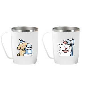 线条小狗304不锈钢带把手漱口杯子儿童情侣一对防霉高颜值牙刷缸