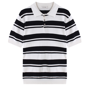 短袖男款polo衫 夏季休闲针织T恤 男士时尚修身黑白条纹