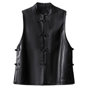 一丝牵100%绵羊皮国风盘扣马甲复古无袖立领真皮皮衣外套女装坎肩