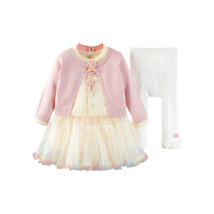 女宝宝针织开衫三件套女童春秋洋气纱裙长袖套装小女孩周岁衣服潮