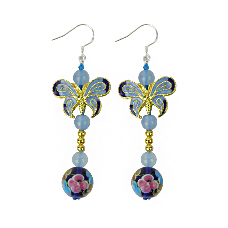 中国风景泰蓝蝴蝶耳坠立体动物长款气质耳环女复古民族风纯银耳饰