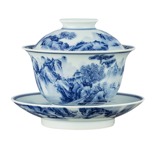 圣山仿古青花山水手绘六面景德镇陶瓷茶具盖碗茶杯三才盖碗泡茶碗