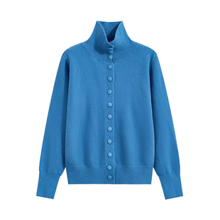 专柜韩系高领针织开衫女秋冬慵懒高级感宽松打底克莱因蓝毛衣外套
