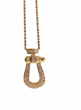 大号竖版马蹄扣项链 女纯银玫瑰金黄金色满钻U形麻花链锁骨链高级