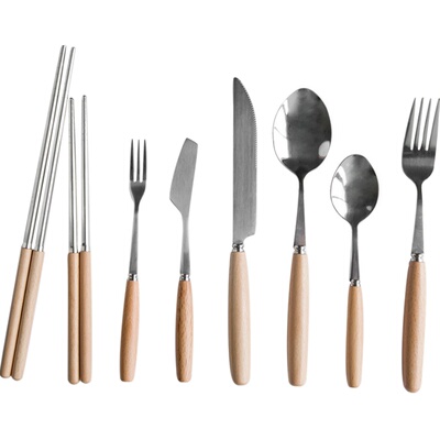 inscription 榉木木柄不锈钢刀叉勺筷子西餐具牛排刀叉咖啡勺家用