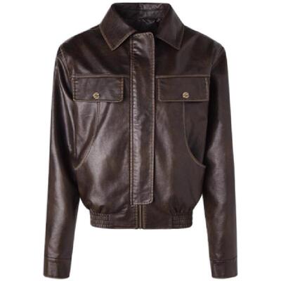 ourhour棕色洗褪做旧机车皮衣