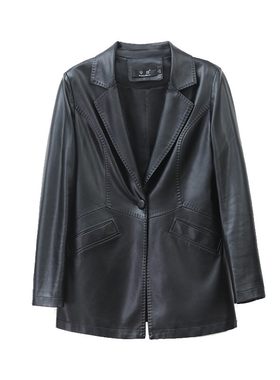 真皮皮衣女中长款小西服西装外套