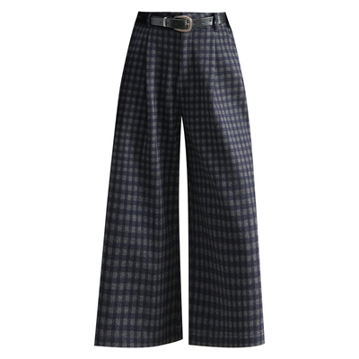 帅气格子毛呢拼接阔腿裤八分裤高腰拉链直筒靴裤小个子女裤