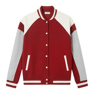 a02外套女2025新款春秋针织撞色宽松版通勤风翻领字母棉棒球服