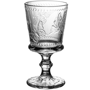 法式蝴蝶浮雕透明玻璃杯 水杯复古中古风饮料杯咖啡杯高脚红酒杯