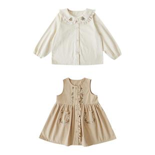 幼悠女童秋冬两件套儿童时尚木耳边刺绣森系背心A字连身裙/衬衫潮