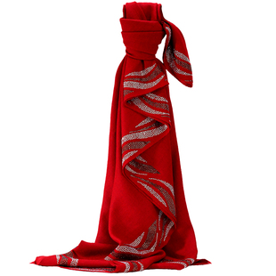 高定~欧美奢华高档保暖山羊绒手工几何烫钻长围巾礼服披肩黑红色