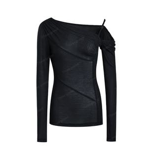 THREE GOOOD殷三吉 莱赛尔不对称斜肩褶皱打底衫薄透女长袖内搭T