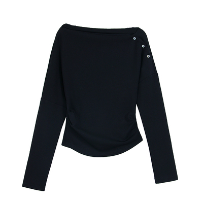 时髦出圈一字肩抽褶斜领长袖T恤